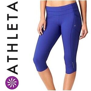 Athleta Blue Purple Dobby Be Free Knicker Cropped Legging Run Tights Side Pocket